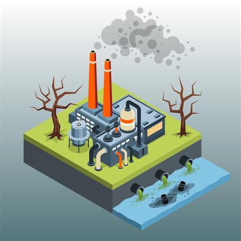 공기와 물을 오염시키는 식물 벡터 일러스트와 함께 아이소메트릭 지구 환경 문제 프리미엄 벡터