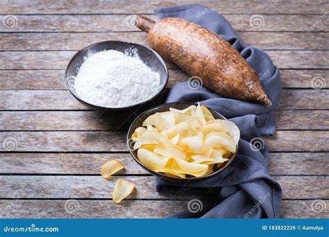 Yucca Yuca Cassava Manioca Mandioca Chips And Flour Stock Photo