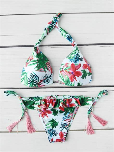 Sets De Bikini Fruncido Con Cord N De Fleco Con Estampado Tropical En