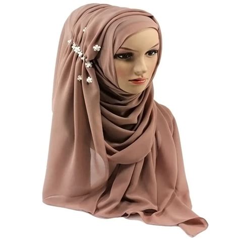 Chiffon Scarf Hijab Elegant Flower And Pearls Lovely New Fashion 180 70cm