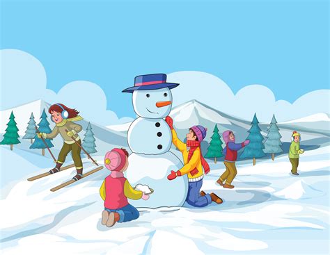 Cute kids making snowman and enjoying 36026189 Vector Art at Vecteezy