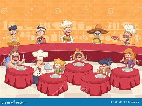 Cartoon Chefs Cooking And Holding Tray With Food Stock Vector