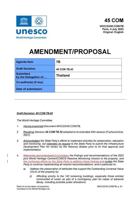 Unesco Centre Du Patrimoine Mondial Document Amended Draft Decision