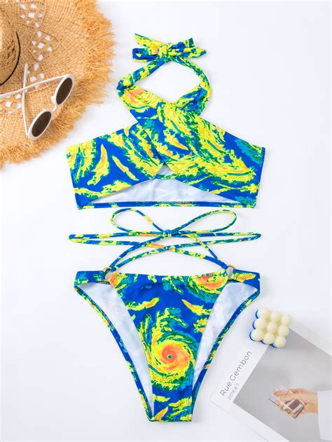 Graphic Print Crisscross Halter Bikini Swimsuit Shein Usa