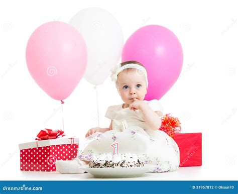 Baby Girl with Cake, Balloons and Gifts Stock Photo - Image of ...