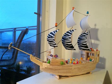 Pirate Ship Made Out Of Popsicle Sticks Wooden Dowels And Some Foam