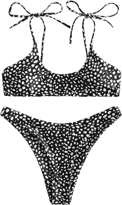 Amazon ZAFUL Women S Sexy Tie Shoulders Ribbed Bikini Set Padded Strap Triangle Swimsuit