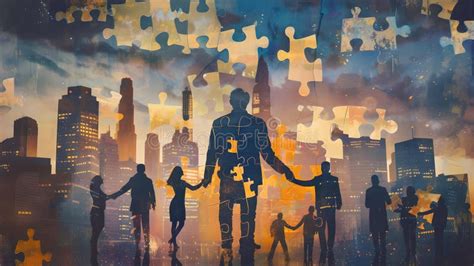 Silhouetted People Holding Hands Under Jigsaw Puzzle Skyline, Concept ...