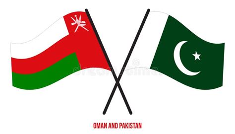 Oman And Pakistan Flags Crossed And Waving Flat Style Official