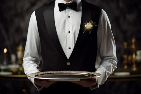 Premium AI Image A Man In A Tuxedo Holds A Silver Tray With A Flower