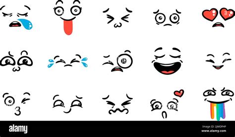 Various Cartoon Emoticons Set Doodle Faces Eyes And Mouth Caricature