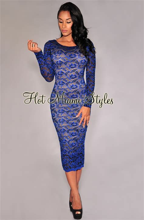 Black Royal Blue Lace Nude Illusion Midi Dress