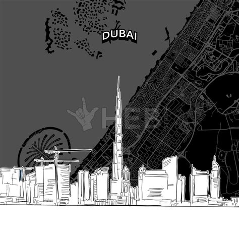 Dubai Skyline With Map Hebstreits Sketches Skyline Art Dubai Black And White Illustration