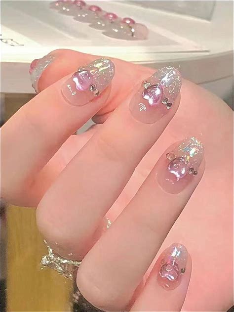 Handmade Glossy Heart Pink Kawaii Press On Nails Pink Nails Nude Nails French Nails Cute Nails