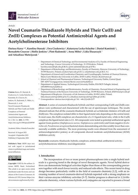 PDF Novel Coumarin Thiadiazole Hybrids And Their Cu II And Zn II