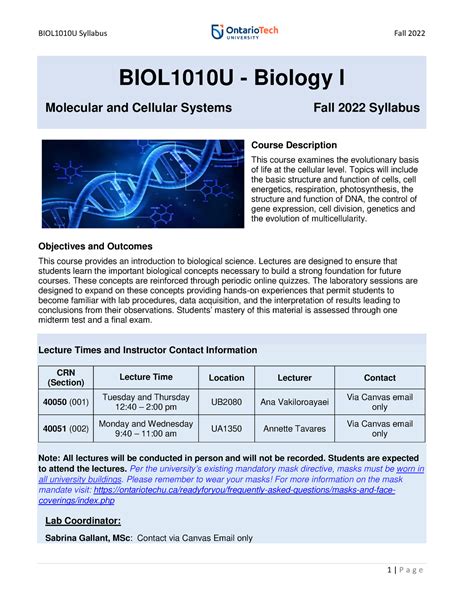 BIOL1010 Syllabus F2022 Final BIOL1010U Biology I Molecular And