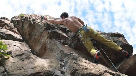 Slow Motion Climbing Moments And Details Closeup Athletic Man Rock