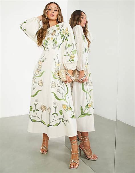 Asos Edition Large Scale Floral And Leaf Embroidered Midi Dress In