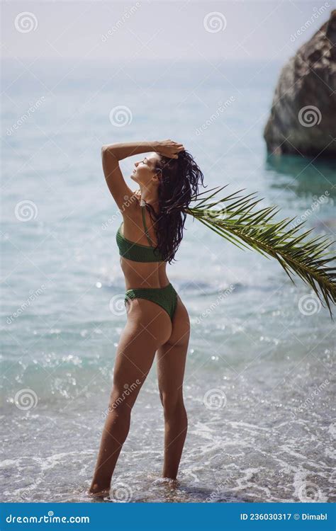Beach Girl In Bikini With Palm Leaf During Summer Vacation Outdoors Stock Image Image Of Model