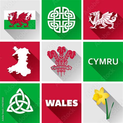 Wales Glossy Icon Set Set Of Vector Graphic Flat Icons Representing