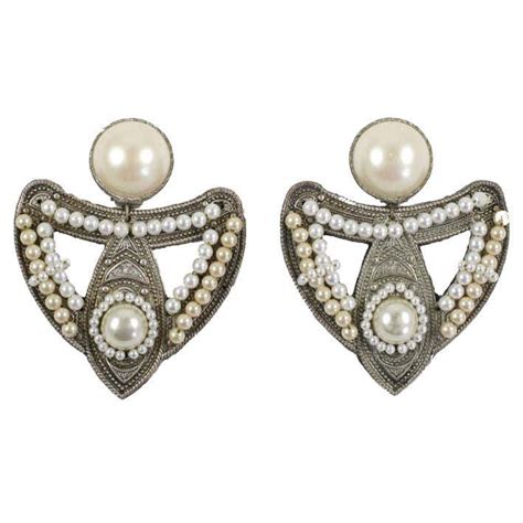 Large Silvertone and "Pearl" Earrings, Costume Jewelry For Sale at 1stDibs