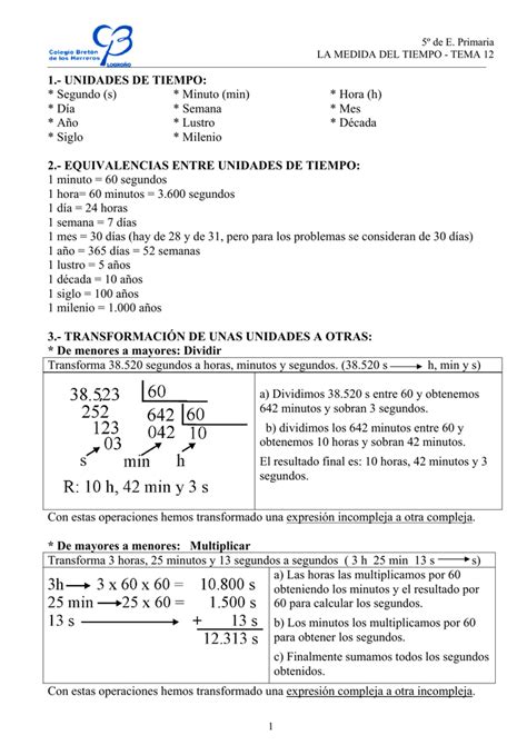 1 Unidades De Tiempo Segundo S Minuto Min Hora H