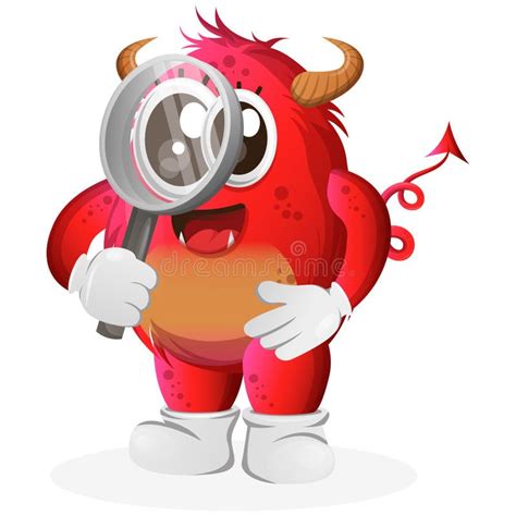 Vectorcute Red Monster Conducting Research Holding A Magnifying Glass Stock Vector