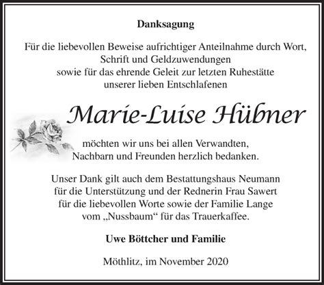 Traueranzeigen von Marie Luise Hübner Märkische Onlinezeitung