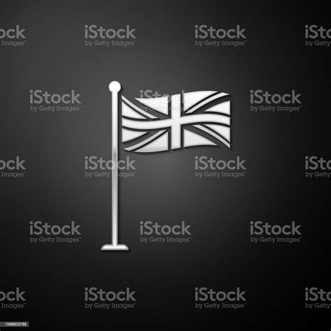 Silver Flag Of Great Britain On Flagpole Icon Isolated On Black