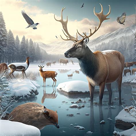 Premium Photo | A painting of a deer in the snow with a bird flying ...