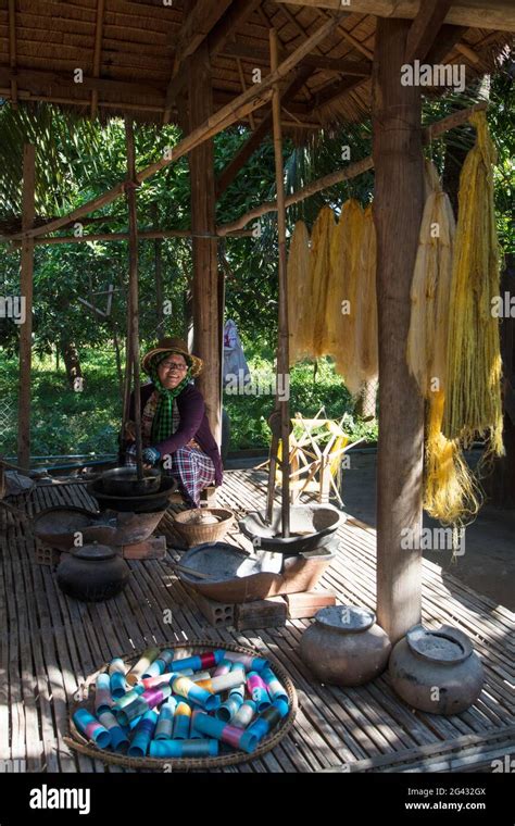 Woman Weaves Silk On Loom In A Silk Factory Oknha Tey Island Mekong