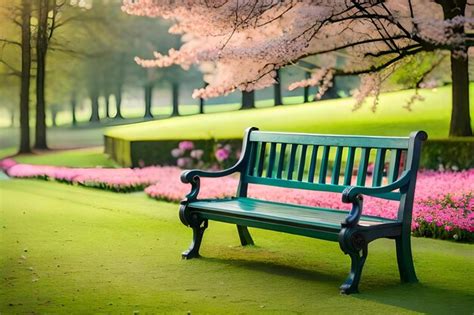 Premium Photo A Green Park Bench With Pink Flowers In The Background