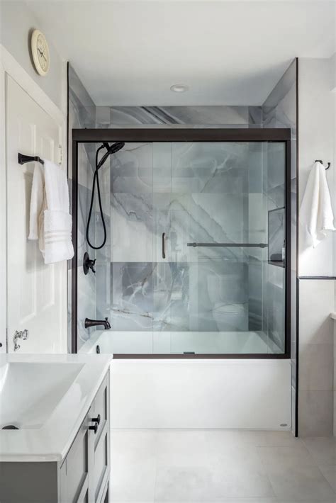 A His Bathroom Remodel with Tri-color Marble in Philadelphia