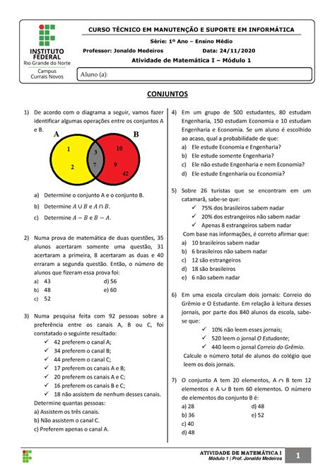 4a Lista Conjuntos ATIVIDADE DE MATEMTICA I Módulo 1 Prof