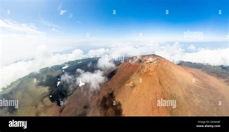 Tyatya volcano crater aerial panoramic view,, Kunashir Island, Kuril ...