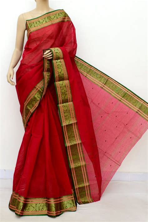 Red Handwoven Bengal Tant Cotton Saree Without Blouse Zari Border