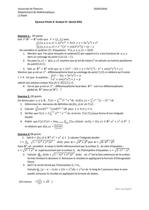 Examen 7 Analyse 4 SMA3 Université de Tlemcen 29 05 Département de