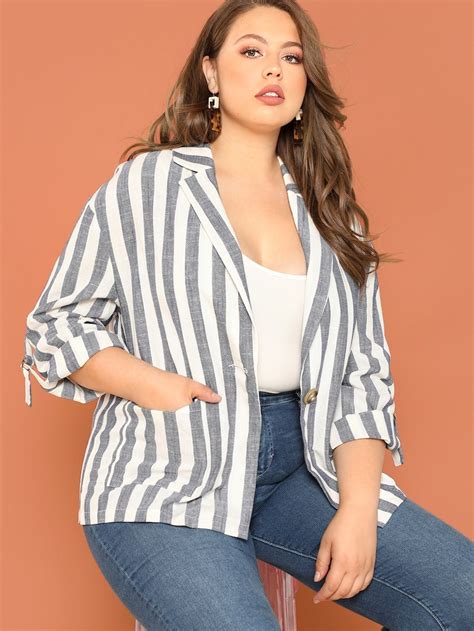 Plus Pocket Front Striped Blazer Sheinsheinside Striped Blazer Plus Size Blazer Plus Size