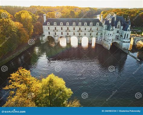 CHENONCEAU, FRANCE - NOVEMBER 6, 2021: Aerial Drone View of French Castle of Chenonceau and Its ...