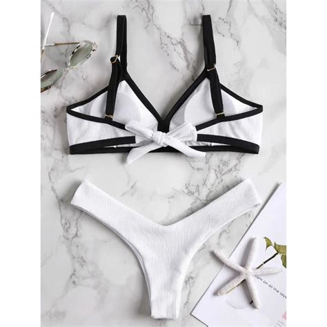 ZAFUL Bikini Ribbed Contrast Swimwear Women Swimsuit Piping Thong