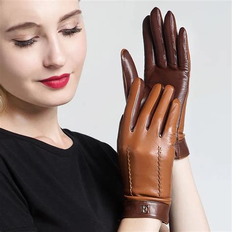 Genuine Leather Women Gloves Female Elegant Two Tones Sheepskin Gloves Autumn Winter Warm Plush