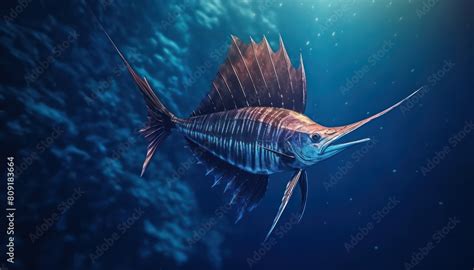 Ikan marlin besar di lautan biru, pemandangan hewan lautan yang memukau Stock Photo | Adobe Stock