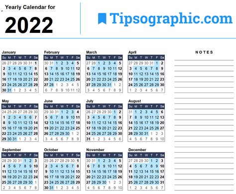 2022 yearly calendar excel tipsographic