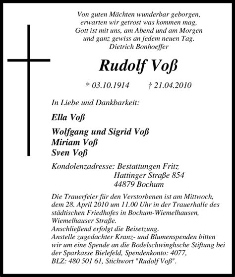 Traueranzeigen von Rudolf Voß Trauer in NRW de