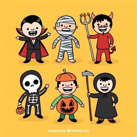 Colección de niños disfrazados para halloween dibujados a mano Vector