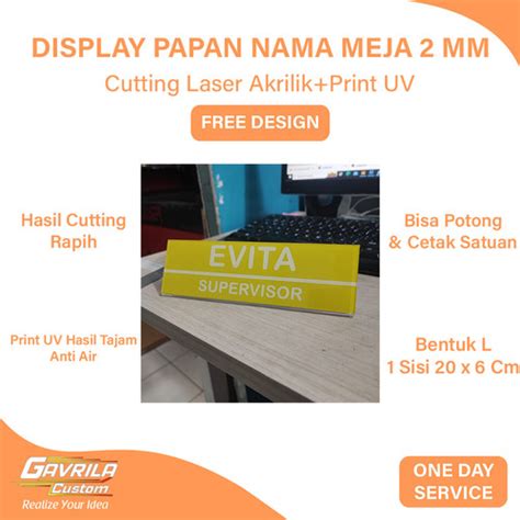 Jual Custom Display Papan Nama Meja Akrilik Bentuk L 2 MM Ukuran 20 X 6