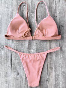 Spaghetti Straps Plunge Thong Bikini Set In Pink Zaful