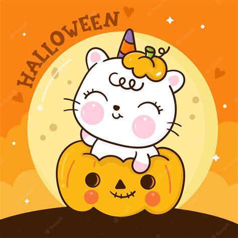 Premium Vector Cute Cat Halloween Cartoon On Pumpkin Kawaii Animal