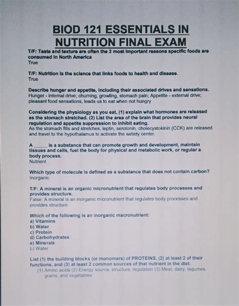 PORTAGE LEARNING BIOD 121 ESSENTIALS IN NUTRITION FINAL EXAM COMPLETE