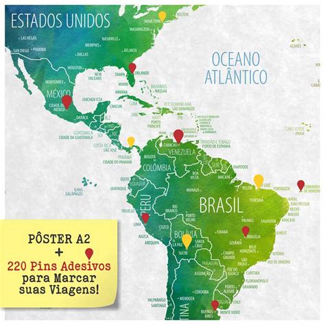 Pôster Mapa Múndi Color Aquarela Pins Adesivos para Marcar os